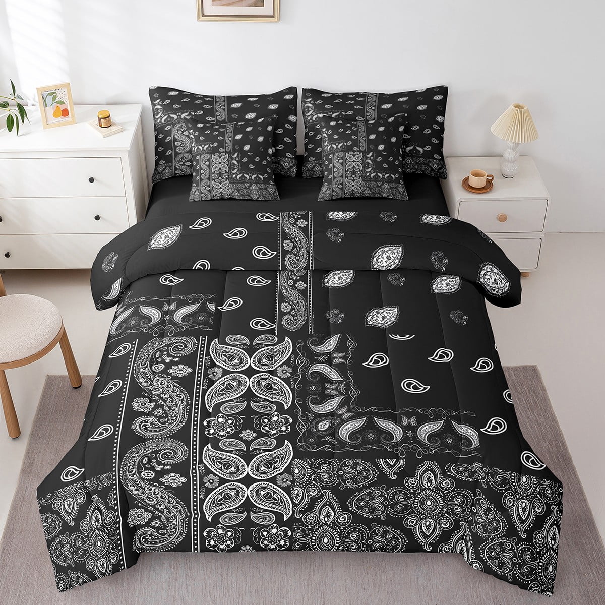 Black Gothic King Comforter Set with Sheets Adults Black Damask Bed in ...