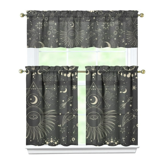 Black Gothic Kitchen Curtains with Lunar & Sunburst Design - 3 PC Set of Semi-Sheer Tier Curtains for Modern Homes