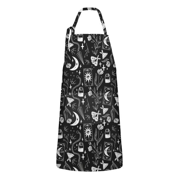 Black Gothic Moon Card Moth Pattern Apron-Garden Aprons for Women with Pockets-Cotton Linen Waterproof Kitchen Cooking Gardening Aprons Adjustable for Kitchen,Cooking,BBQ and Salon 33x27 Inch