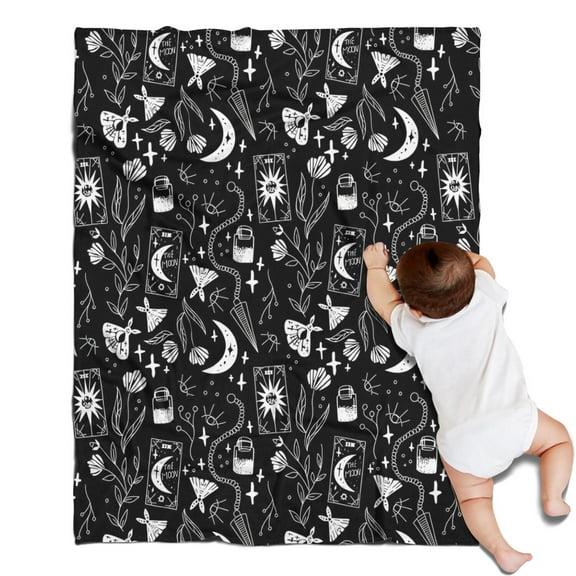 Black Gothic Moon Card Moth Pattern Blanket,Comfortable Soft Lamb Wool Throw Blanket,All Season,Warm Lightweight Blankets for Sofa Bed Couch Living Room Chair,30"x40"