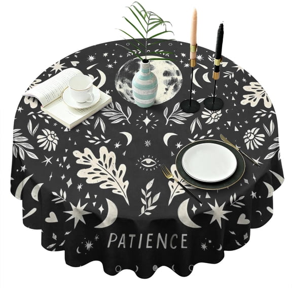 Black Gothic Moon Flower Star Pattern Round Tablecloth 60"x60",Wrinkle Wipeable Table Cloth for Kitchen Dining Room Picnic Patio Party