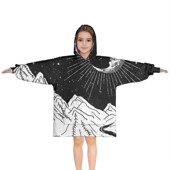 Black Gothic Moon Mountain Pattern Blanket Hoodies for Kids 6-13YR Oversize Wearable Blanket Hoodies for Boys Girls Teens