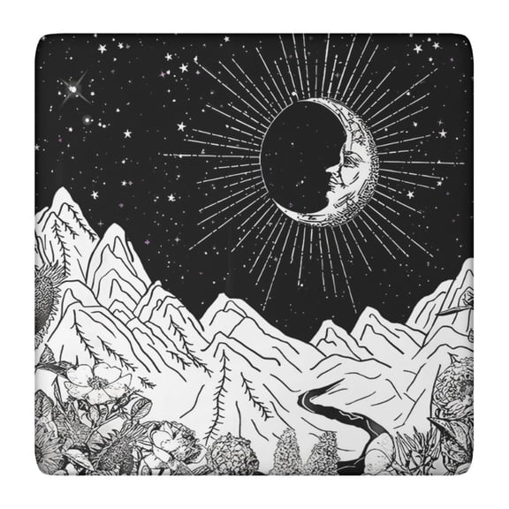 Black Gothic Moon Mountain Pattern Square Fitted Tablecloth with Elastic Edge,Square Table Cover,Washable Elastic Table Cover for Home Kitchen Party Decor 36"x36"