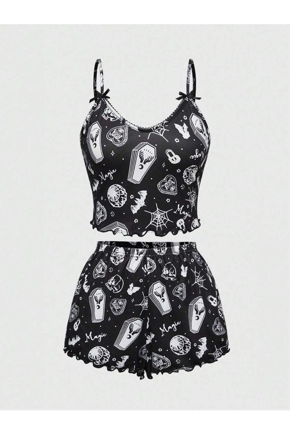 Black Gothic Print Camisole & Shorts Pajama Set With Ruffle Trim