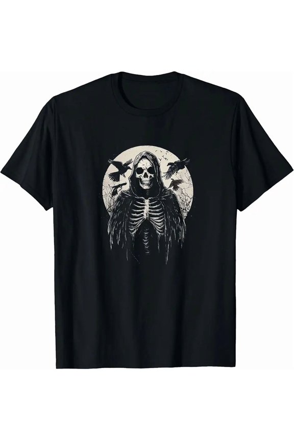 Black Gothic Raven Hooded Skeleton Graphic Gothic Style T-Shirt