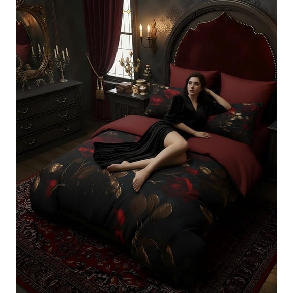 Black Gothic Roses Comforter Set King Size, Burgundy Farmhouse Vintage Floral Bedding for Adult Women - 3Pcs 2 Pillowcases, All Season/104 x90