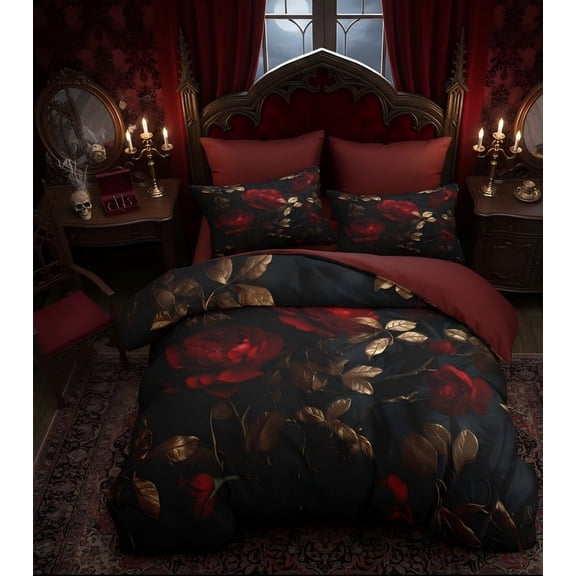 Black Gothic Roses Comforter Set King Size, Burgundy Farmhouse Vintage Floral Bedding for Adult Women - 3Pcs 2 Pillowcases, All Season/104 x90