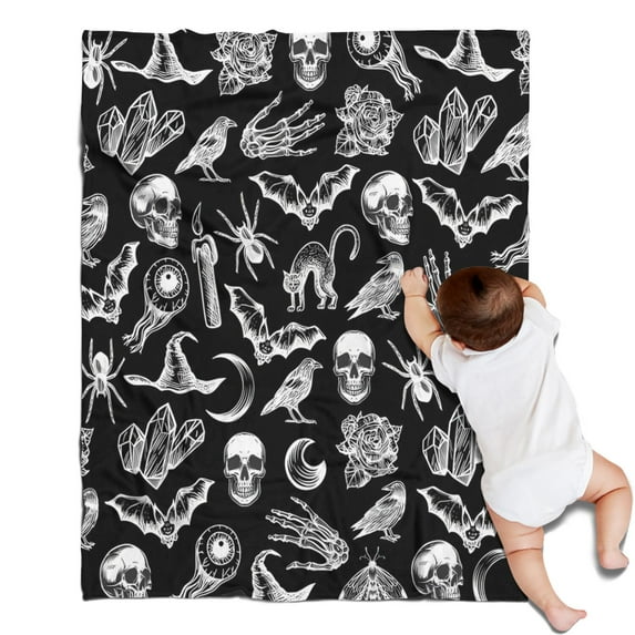 Black Gothic Skull Bat Pattern Blanket,Comfortable Soft Flannel Throw Blanket,All Season,Warm Lightweight Blankets for Sofa Bed Couch Living Room Chair,30"x40"