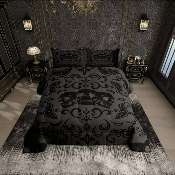 Black Gothic Skull Bedding Set Halloween Queen Bedding Comforter Sets For Teen Men,Vintage Black Grey Damask Comforter Set Antique Victorian Baroque Floral Quilt Reversible,2 Pillow Cases