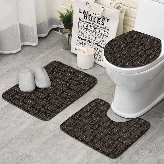 Black Gothic Skull Bookcase Pattern Bathroom Rugs Sets 3 Piece,Toilet Cover Set,Absorbent Non Slip Bathroom Mats Sets with U-Shaped Contour Rug Toilet Rug Set