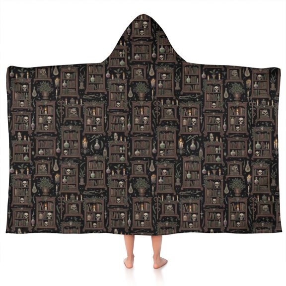 Black Gothic Skull Bookcase Pattern Hooded Bath Towel,50"x30" for Ages 3 To 12 Kids, Quick Dry Lightweight Soft Microfiber Hood Beach Towel Cover Up for Kids