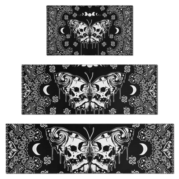 Black Gothic Skull Butterfly Pattern Kitchen Rugs Sets Of 3,Kitchen Runner Rugs Non Skid Washable,Decorative Kitchen Floor Mats for Kitchen,Sink,Laundry,17"x30"+ 17"x47" + 17"x59"