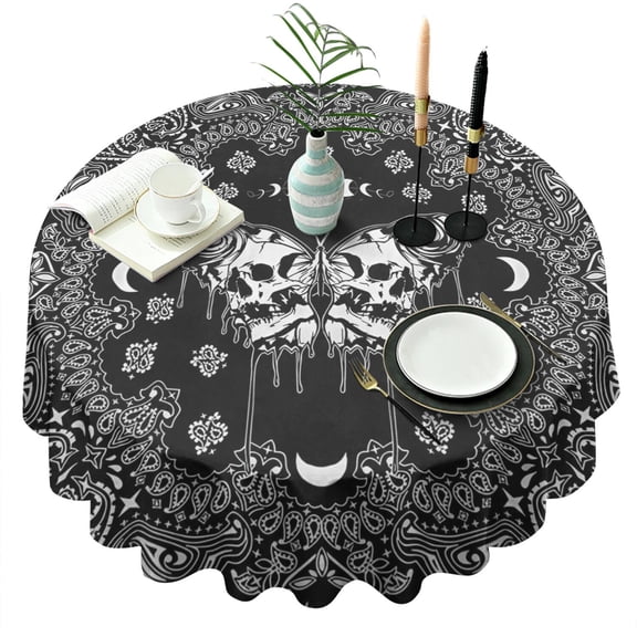 Black Gothic Skull Butterfly Pattern Round Tablecloth 60"x60",Wrinkle Wipeable Table Cloth for Kitchen Dining Room Picnic Patio Party