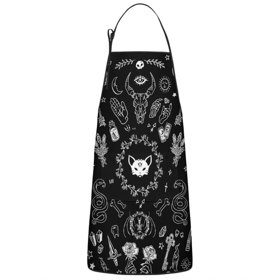 Black Gothic Skull Cat Pattern Apron-Garden Aprons for Women with Pockets-Cotton Linen Waterproof Kitchen Cooking Gardening Aprons Adjustable for Kitchen,Cooking,BBQ and Salon 33x27 Inch