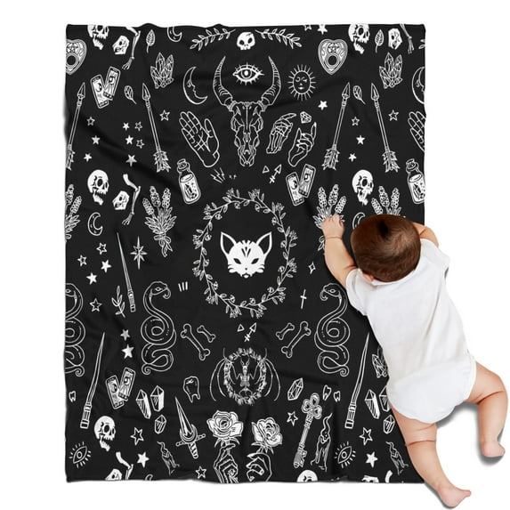 Black Gothic Skull Cat Pattern Blanket,Comfortable Soft Flannel Throw Blanket,All Season,Warm Lightweight Blankets for Sofa Bed Couch Living Room Chair,30"x40"