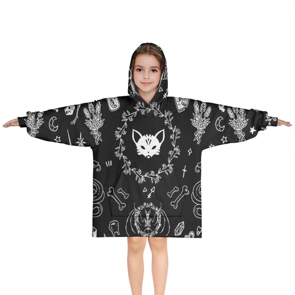 Black Gothic Skull Cat Pattern Blanket Hoodies for Kids 6-13YR Oversize Wearable Blanket Hoodies for Boys Girls Teens