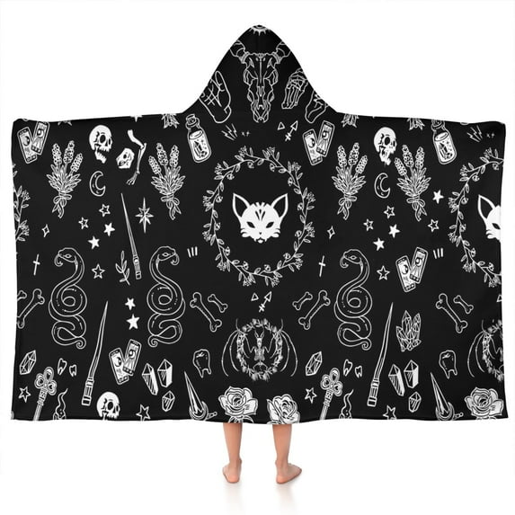 Black Gothic Skull Cat Pattern Hooded Bath Towel,50"x30" for Ages 3 To 12 Kids, Quick Dry Lightweight Soft Microfiber Hood Beach Towel Cover Up for Kids