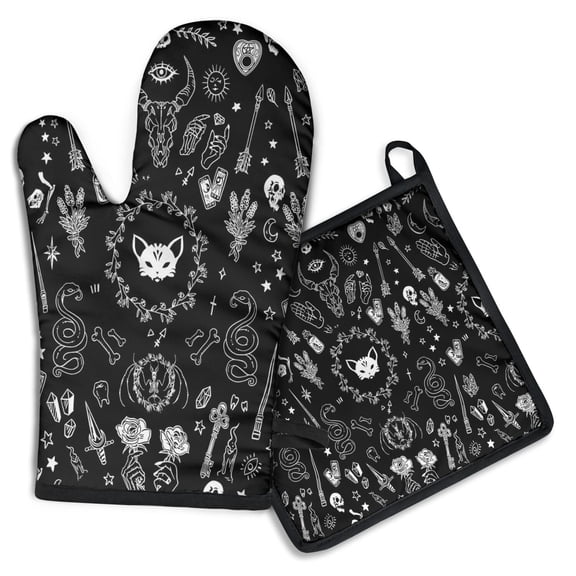 Black Gothic Skull Cat Pattern Kitchen Oven Mitt and Pot Holder Sets 2 Pcs for Baking, Cooking and Grilling, Heat Resistant Up To 392 °F