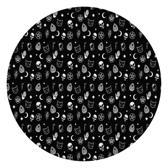 Black Gothic Skull Cat Pattern Round Fitted Tablecloth with Elastic Edge,Dining Table Cover Waterproof,Outdoor Round Tablecloth for Camping,Dining,Indoor and Outdoor