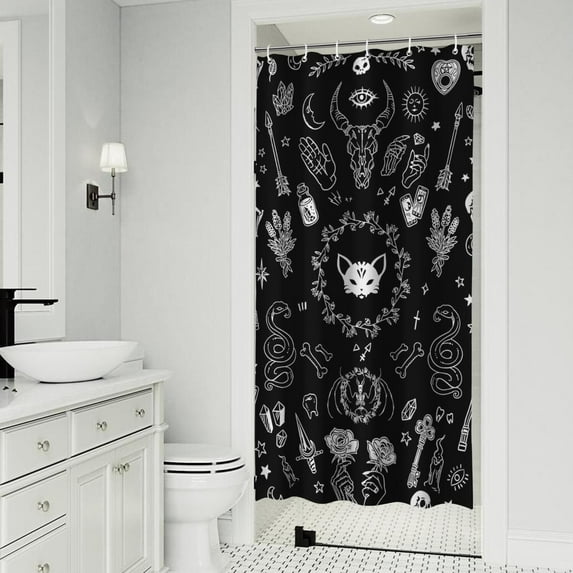 Black Gothic Skull Cat Pattern Shower Curtain 36"x72" ,Bathroom Decorative Shower Curtains Set with 12 Hooks,Modern Waterproof Washable Shower Curtain