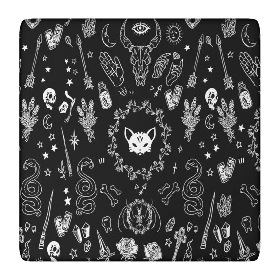 Black Gothic Skull Cat Pattern Square Fitted Tablecloth with Elastic Edge,Square Table Cover,Washable Elastic Table Cover for Home Kitchen Party Decor 36"x36"