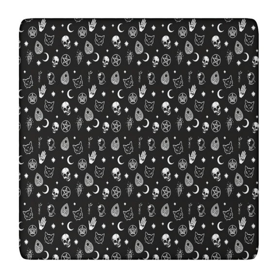 Black Gothic Skull Cat Pattern Square Fitted Tablecloth with Elastic Edge,Square Table Cover,Washable Elastic Table Cover for Home Kitchen Party Decor 36"x36"
