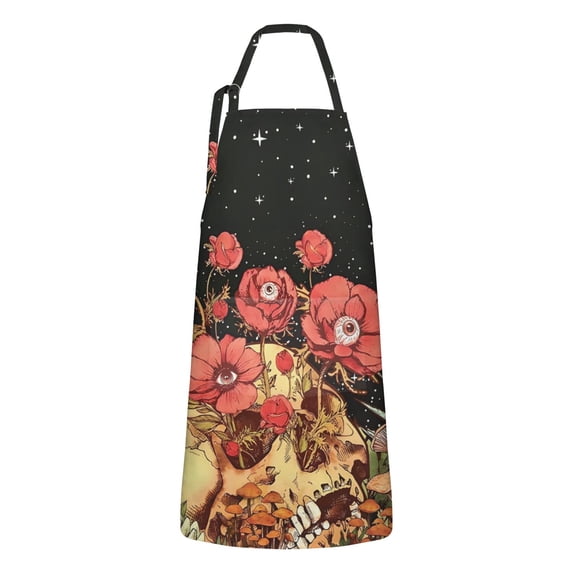 Black Gothic Skull Flower Pattern Apron-Garden Aprons for Women with Pockets-Cotton Linen Waterproof Kitchen Cooking Gardening Aprons Adjustable for Kitchen,Cooking,BBQ and Salon 33x27 Inch
