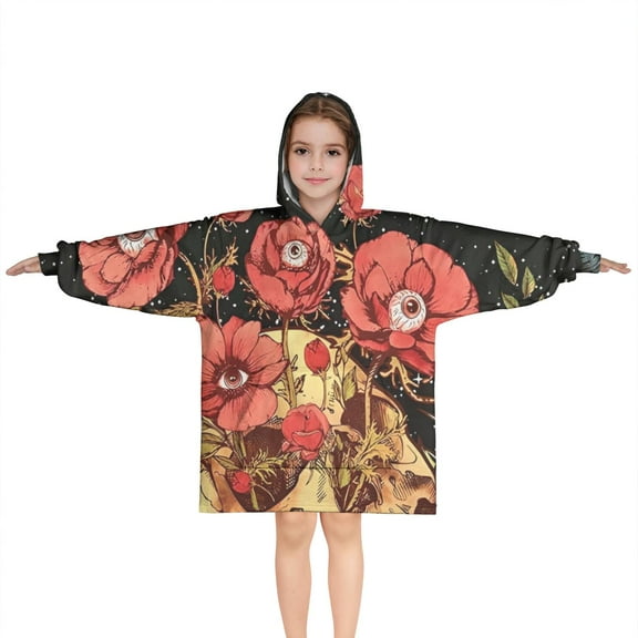 Black Gothic Skull Flower Pattern Blanket Hoodies for Kids 6-13YR Oversize Wearable Blanket Hoodies for Boys Girls Teens