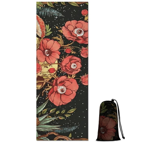 Black Gothic Skull Flower Pattern Hot Yoga Mat Towel Non Slip for Hot Yoga - Quick-Drying Yoga Mat Cover with 4 Corner Pockets with Travel Bag - Hot Yoga Towel Non Slip 70"x26"