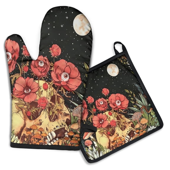Black Gothic Skull Flower Pattern Kitchen Oven Mitt and Pot Holder Sets 2 Pcs for Baking, Cooking and Grilling, Heat Resistant Up To 392 °F