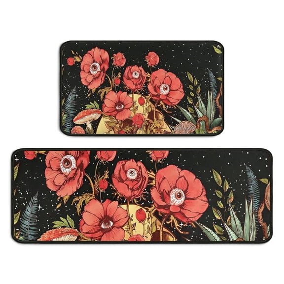 Black Gothic Skull Flower Pattern Kitchen Rugs Sets Of 2,Anti Fatigue Kitchen Mat Rugs Non Slip Washable,Decorative Kitchen Floor Mats for Kitchen,Sink,Laundry,17"X30"+17"X47"