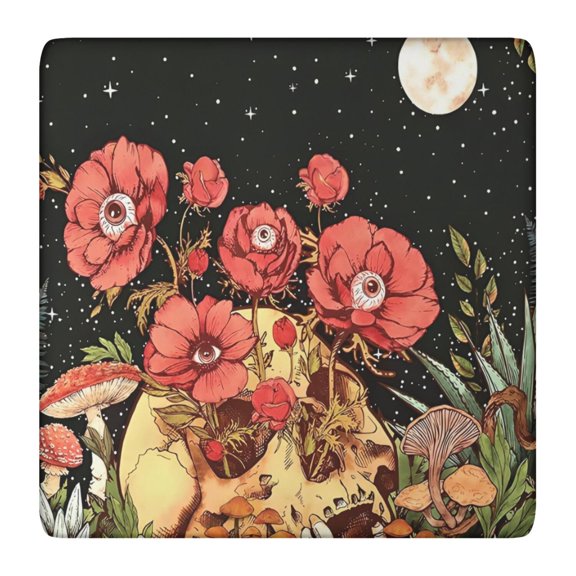 Black Gothic Skull Flower Pattern Square Fitted Tablecloth with Elastic Edge,Square Table Cover,Washable Elastic Table Cover for Home Kitchen Party Decor 36"x36"