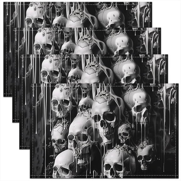 Black Gothic Skull Placemats - Goth Skeleton Place Mat Set of 4, Spooky Horror Halloween Table Mats 12x18 Inch for Women Men, Retro Vintage Skull Table Decor for Kitchen Dining Room