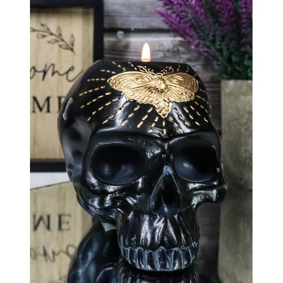 Black Gothic Skull Skeleton With Golden Butterfly And Evil Eye Candle Holder