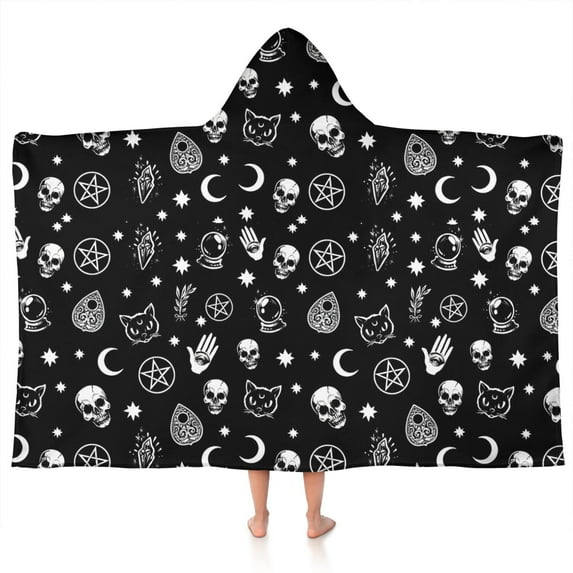Black Gothic Skull Star Pattern Hooded Bath Towel,50"x30" for Ages 3 To 12 Kids, Quick Dry Lightweight Soft Microfiber Hood Beach Towel Cover Up for Kids