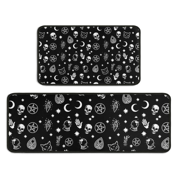 Black Gothic Skull Star Pattern Kitchen Rugs Sets Of 2,Anti Fatigue Kitchen Mat Rugs Non Slip Washable,Decorative Kitchen Floor Mats for Kitchen,Sink,Laundry,17"X30"+17"X47"