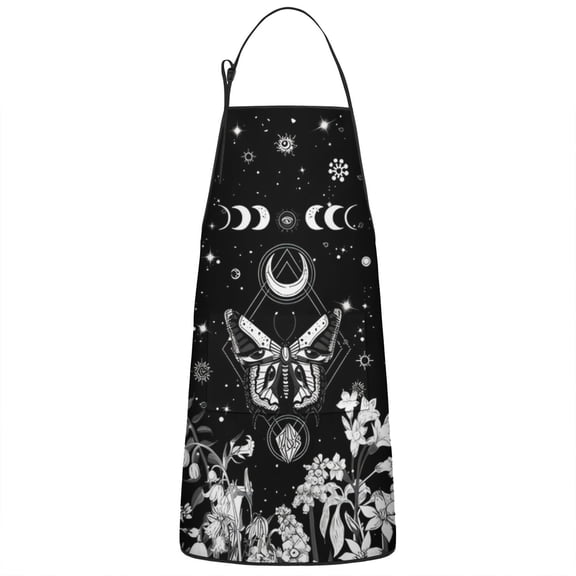 Black Gothic Sun Moon Flower Pattern Apron-Garden Aprons for Women with Pockets-Cotton Linen Waterproof Kitchen Cooking Gardening Aprons Adjustable for Kitchen,Cooking,BBQ and Salon 33x27 Inch