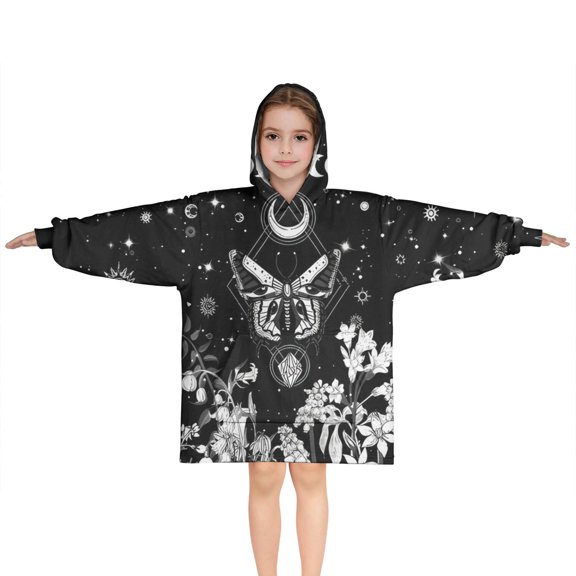 Black Gothic Sun Moon Flower Pattern Blanket Hoodies for Kids 6-13YR Oversize Wearable Blanket Hoodies for Boys Girls Teens