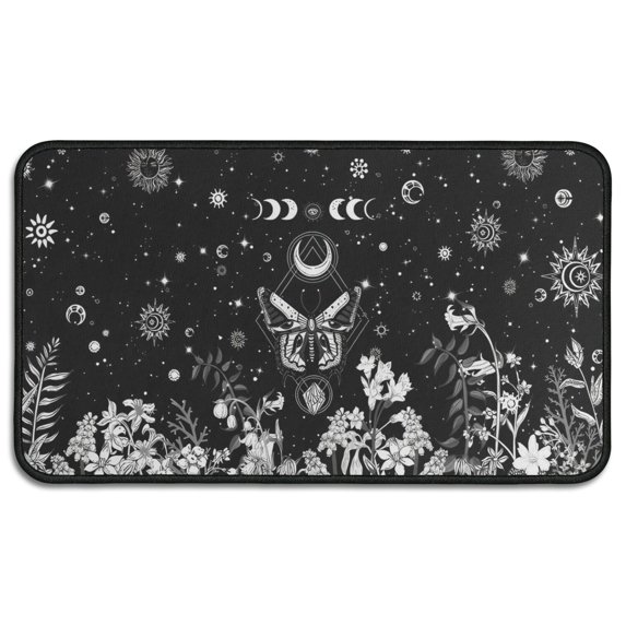 Black Gothic Sun Moon Flower Pattern Door Rugs,Washable Non Slip Door Mats Indoor,Decorative Door Mats,Entry Mat Indoor for Entrance,Bedroom,Kitchen,Bathroom,30"x17"