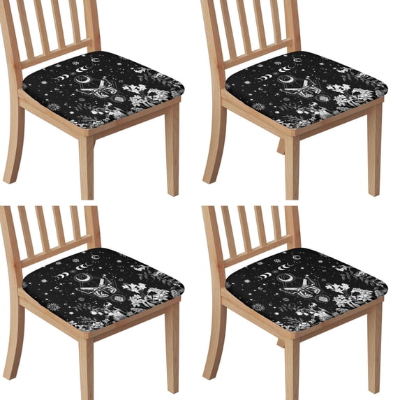 Black Gothic Sun Moon Flower Pattern Seat Covers for Dining Room Chairs Set Of 4,Stretch Printed Washable Chair Seat Cover with Elastic Ties and Button,Removable Waterproof Couch Cushion Covers