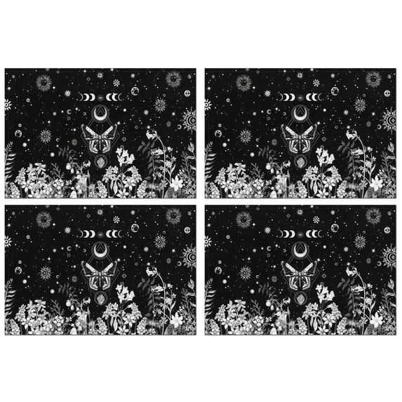 Black Gothic Sun Moon Flower Pattern Summer Placemats Table Placemats Set Of 4-Linen Kitchen Washable Placemats Table Mats 11.8"x17.7" Non-Slip Heat Resistant