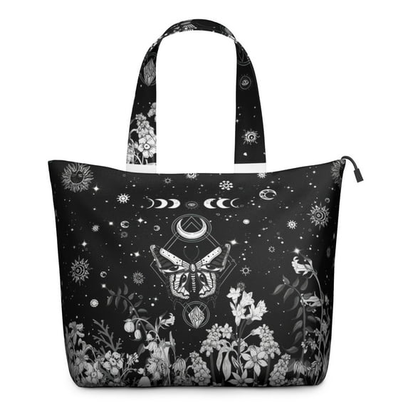 Black Gothic Sun Moon Flower Pattern Travel Tote Bags for Women Carry On,Large Weekender Bags for Women Travel,Multi Functional Duffle Bag for Work,Shopping,Sports