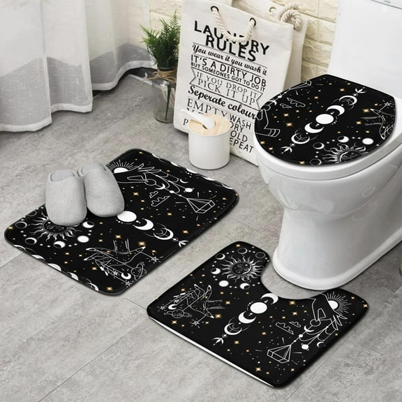 Black Gothic Sun Moon Hand Pattern Bathroom Rugs Sets 3 Piece,Toilet Cover Set,Absorbent Non Slip Bathroom Mats Sets with U-Shaped Contour Rug Toilet Rug Set