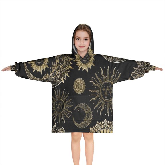 Black Gothic Sun Moon Pattern Blanket Hoodies for Kids 6-13YR Oversize Wearable Blanket Hoodies for Boys Girls Teens