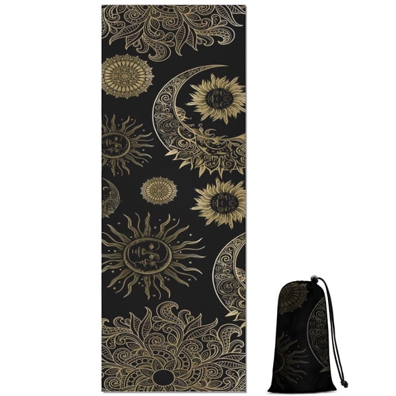 Black Gothic Sun Moon Pattern Hot Yoga Mat Towel Non Slip for Hot Yoga - Quick-Drying Yoga Mat Cover with 4 Corner Pockets with Travel Bag - Hot Yoga Towel Non Slip 70"x26"