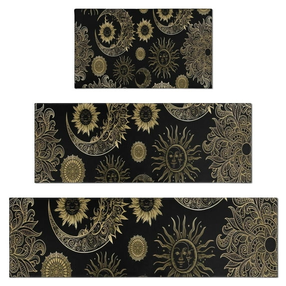 Black Gothic Sun Moon Pattern Kitchen Rugs Sets Of 3,Kitchen Runner Rugs Non Skid Washable,Decorative Kitchen Floor Mats for Kitchen,Sink,Laundry,17"x30"+ 17"x47" + 17"x59"