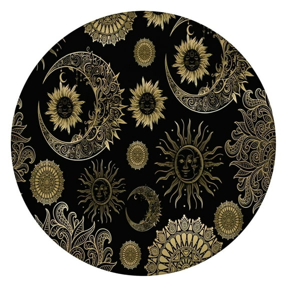 Black Gothic Sun Moon Pattern Round Fitted Tablecloth with Elastic Edge,Dining Table Cover Waterproof,Outdoor Round Tablecloth for Camping,Dining,Indoor and Outdoor