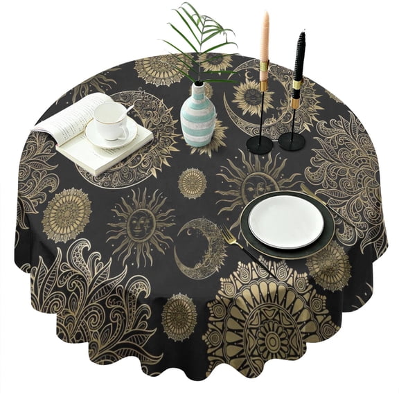 Black Gothic Sun Moon Pattern Round Tablecloth 60"x60",Wrinkle Wipeable Table Cloth for Kitchen Dining Room Picnic Patio Party