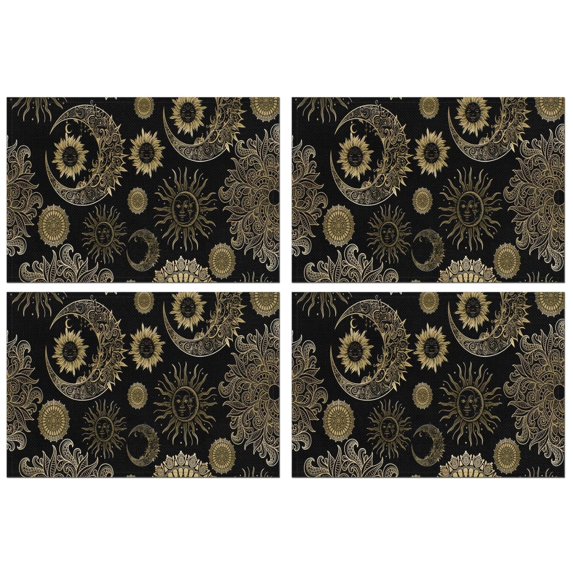 Black Gothic Sun Moon Pattern Summer Placemats Table Placemats Set Of 4-Linen Kitchen Washable Placemats Table Mats 11.8"x17.7" Non-Slip Heat Resistant