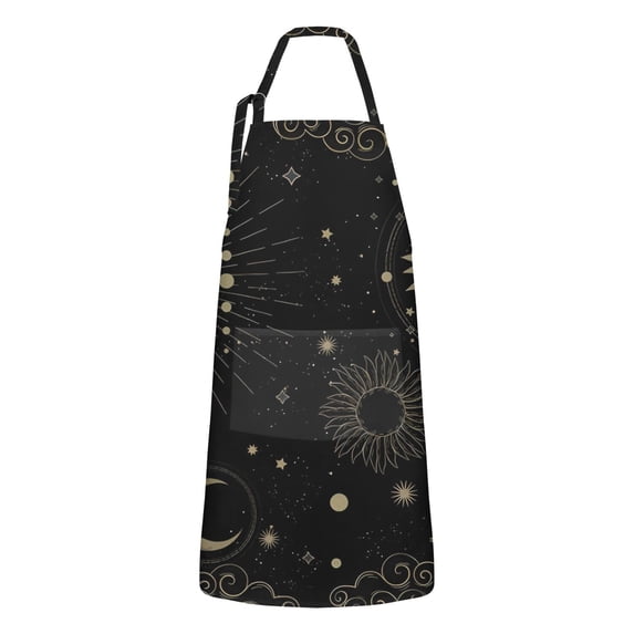 Black Gothic Sun Moon Star Pattern Apron-Garden Aprons for Women with Pockets-Cotton Linen Waterproof Kitchen Cooking Gardening Aprons Adjustable for Kitchen,Cooking,BBQ and Salon 33x27 Inch